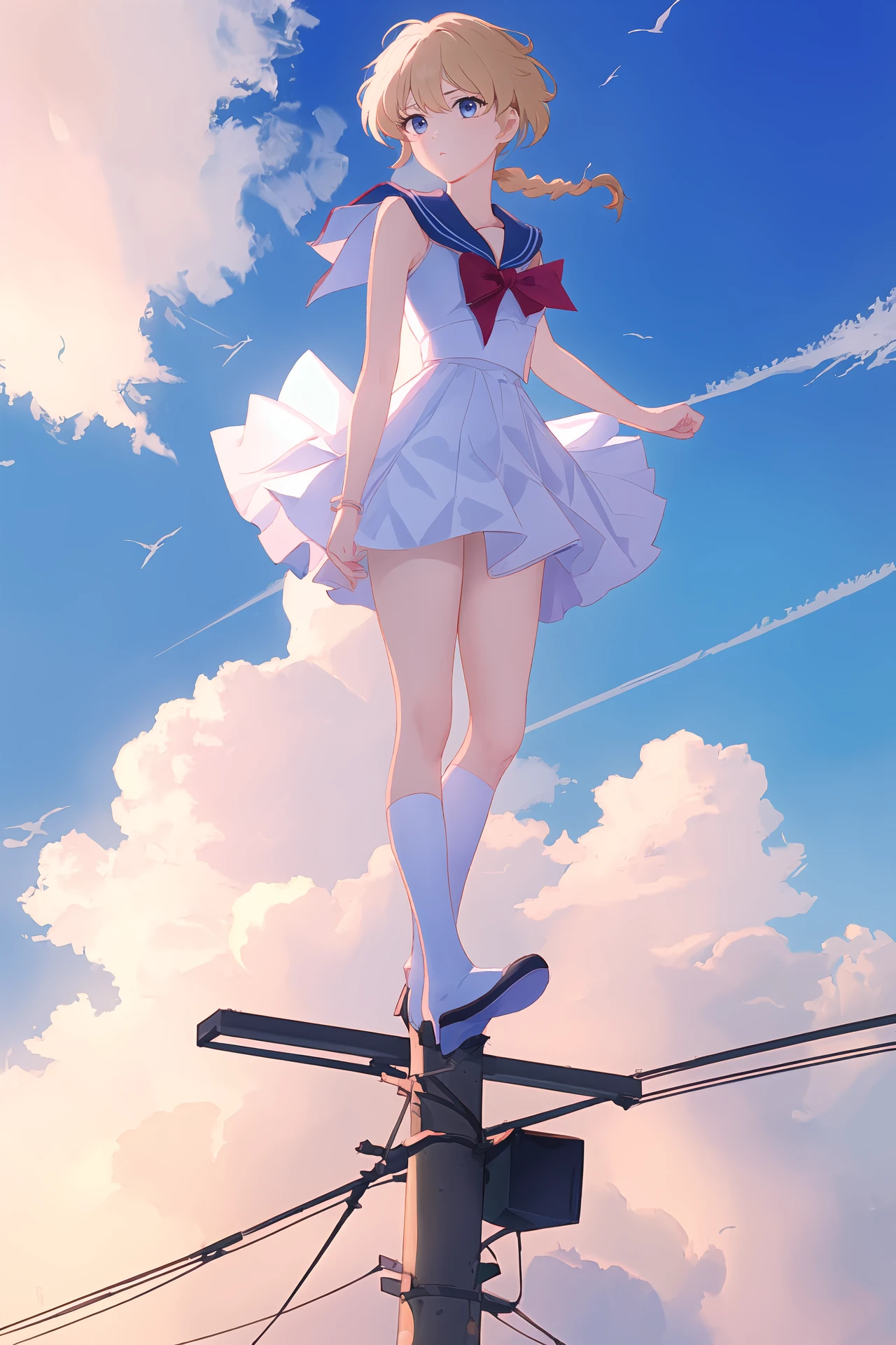 (best quality, masterpiece, highres),1girl,solo,fishtail braid,sailor senshi costume,eye contact,looking at viewer,sky,cloud,
<lora:on utility pole_v1.05:1>,on utility pole,