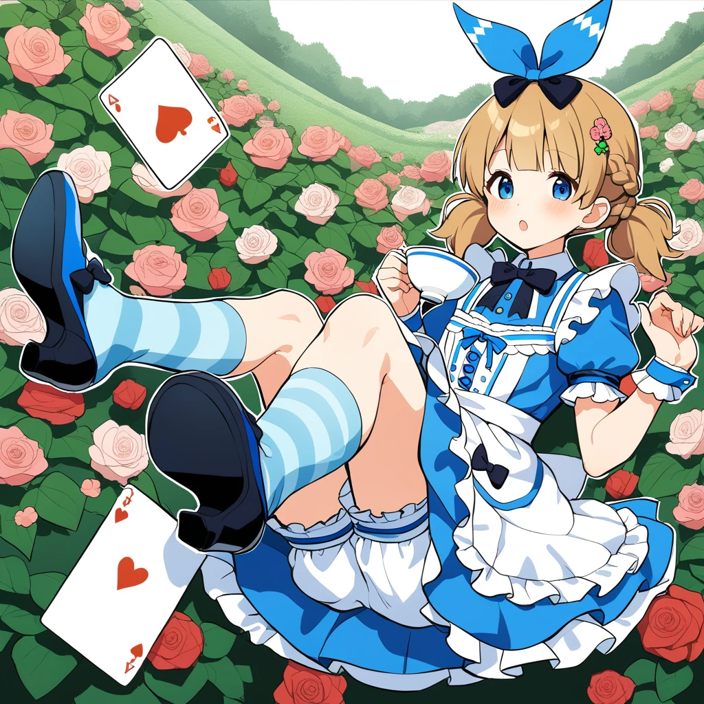 1girl, suou momoko, made-on-alice, blue eyes, cup, dress, teacup, striped, striped legwear, open mouth, underwear, bloomers, twintails, short sleeves, blue dress, holding cup, maid apron, puffy sleeves, looking at viewer, bangs, puffy short sleeves, ribbon, hair bow, frills, black footwear, :o, black bow, hair ribbon, alice \(alice in wonderland\) \(cosplay\), shoe soles, card, flower, shoes, black neckwear, kneehighs, heart, braid, wrist cuffs, white apron, apron bow, blue bow, bowtie, clover hair ornament, medium hair, short hair, tea, socks, blonde hair, brown hair, blue ribbon, food, white bloomers, teapot, orange hair, short twintails, blue footwear, white legwear, frilled legwear, eyebrows visible through hair, high heels, clover, black ribbon, saucer, club \(shape\), sugar cube, bush, rose, playing card, blush, frilled dress, spade \(shape\), frilled apron, four-leaf clover, blue skirt, holding saucer, hair ornament, legs up, red flower, white flower, pink flower, frilled sleeves, full body, garden, center frills, masterpiece, best quality <lora:suou_momoko_sdxl_v1:0.7>