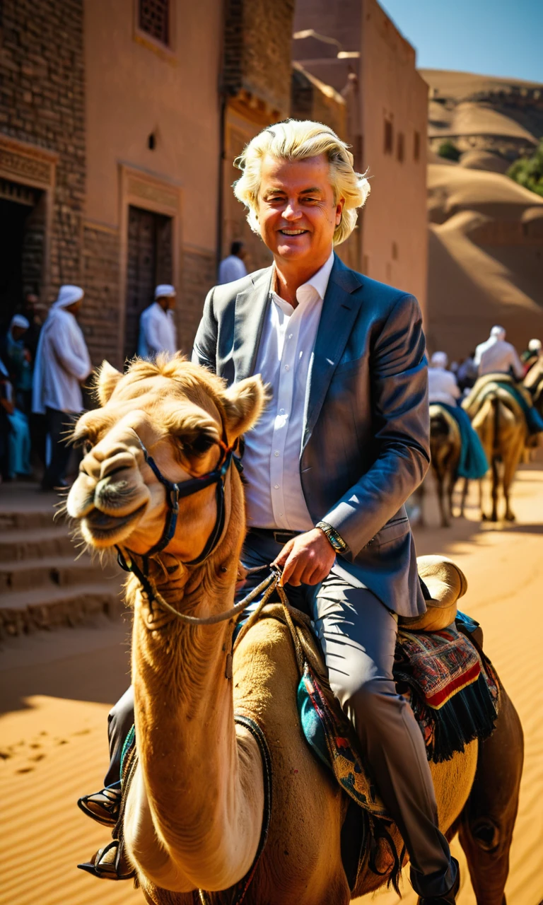 <lora:nl_celeb_geert_wilders:0.5> breathtaking photograph of geert wilders on a holiday in morocco riding a camel, shadow, lighting, depth of field, professional photography, award winning photography, dappled sunlight, caustics, small town, RAW photo, subject, 8k uhd, dslr, soft lighting, high quality, film grain