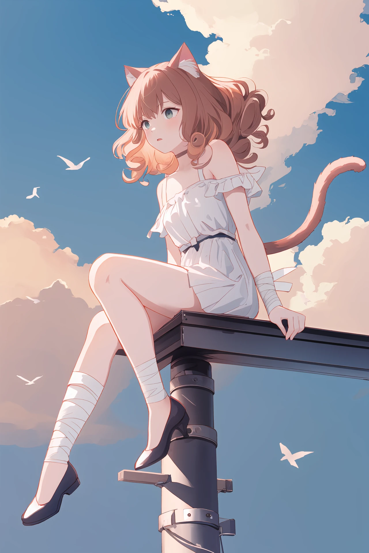 (best quality, masterpiece, highres),1girl,solo,cat tail,cat girl,cat ears,curly hair,bandaged_arm,sitting,scenery,cloud,sky,
<lora:on utility pole_v1.07bw:1>,on utility pole,wind,