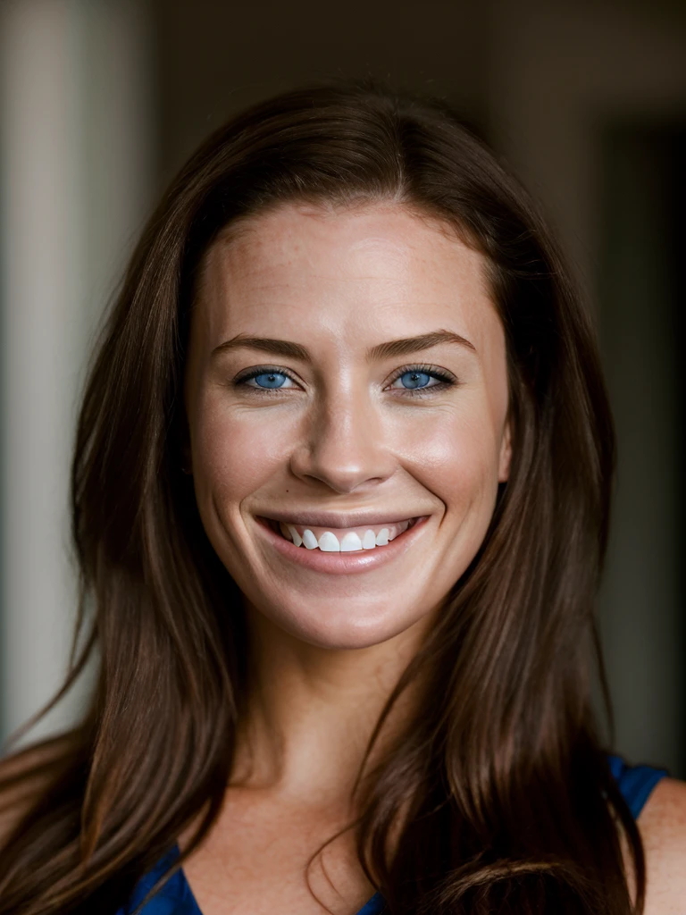 Realistic photo of a beautiful br1dg3tr woman,1girl,solo,long hair,looking at viewer,smile,blue eyes,simple background,brown hair,teeth,grin,lips,black background,portrait,realistic, soft lighting, professional Photography, Photorealistic, detailed, RAW, analog, sharp focus, 8k, HD, high quality, masterpiece<lora:br1dg3tr:1.0>