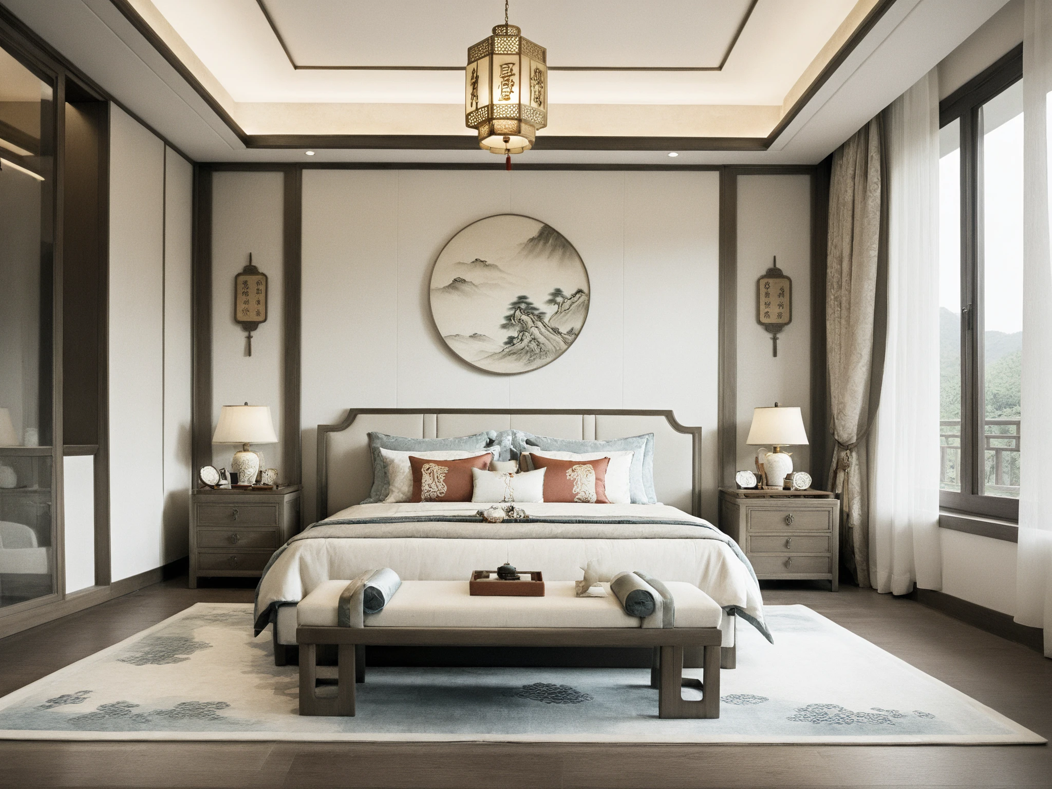 Lao Chen, Interior, Bedroom, New Chinese, couch, table, indoors, carpet, wooden floor