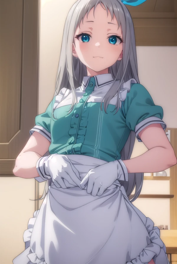 hiderikanzaki, <lora:hideri kanzaki s1-lora-nochekaiser:1>,
hideri kanzaki, long hair, bow, (green eyes:1.3), hair bow, grey hair, male focus, hairband, black hairband, otoko no ko, (forehead:1.2), smile,
BREAK gloves, dress, short sleeves, frills, puffy sleeves, white gloves, apron, puffy short sleeves, waist apron, white apron, frilled apron, waitress,
BREAK indoors, restaurant,
BREAK looking at viewer, (cowboy shot:1.5),
BREAK <lyco:GoodHands-beta2:1>, (masterpiece:1.2), best quality, high resolution, unity 8k wallpaper, (illustration:0.8), (beautiful detailed eyes:1.6), extremely detailed face, perfect lighting, extremely detailed CG, (perfect hands, perfect anatomy),