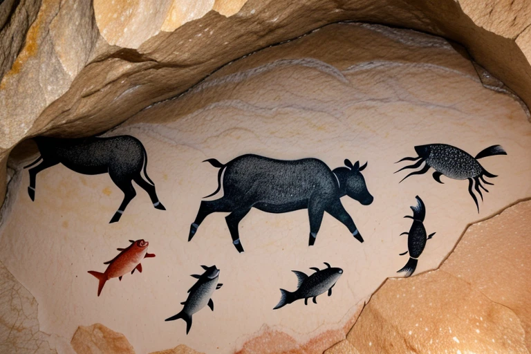 CavePaintings, ((drawings of dozens of fish:1.2))