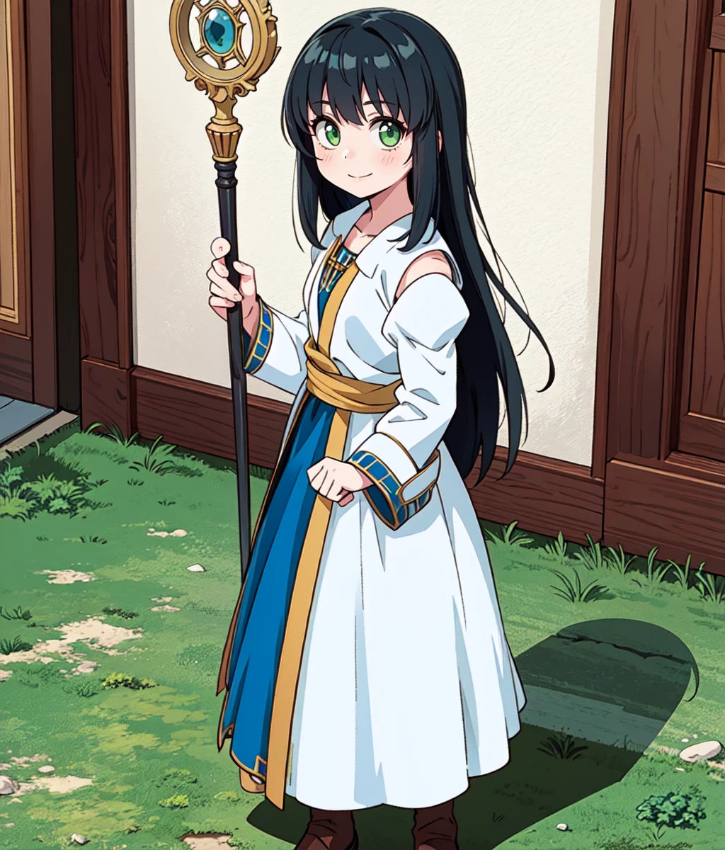 anime screencap, masterpiece, best quality, detailed face, detailed eyes, 1girl, solo, black hair, long hair, green eyes, white and blue dress, standing, full body, cowboy shot, smile, castle, mirror, staff <lora:Viki:0.9>