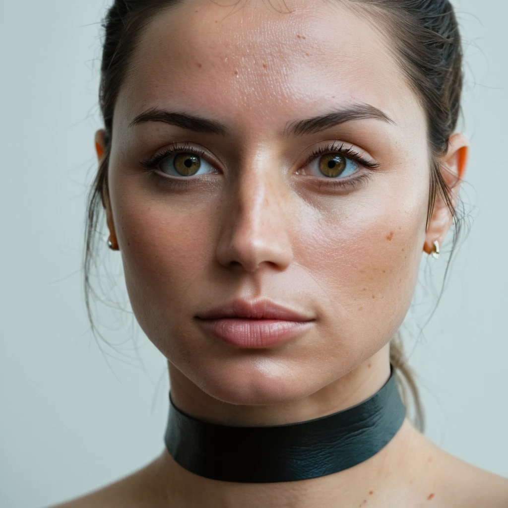 Closeup, (Skin texture, pores, blemishes, bad skin), Super high res portrait photo of a stunning young woman wearing no makeup,thin leather choker,f /2.8, Canon, 85mm,cinematic, high quality, skin texture, looking at the camera, skin imperfections, <lora:anarmas2_xl4_standard-merger_36_55_70_92_025_025_025_025:1.0>