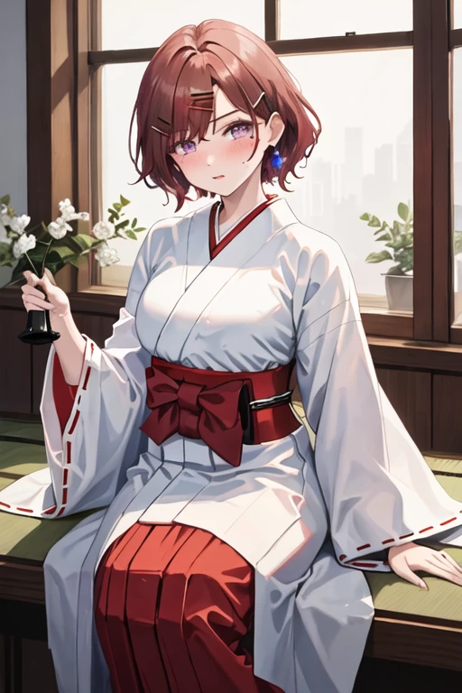 best quality, masterpiece, highres, solo, {white kimono:1.35}, {red hakama:1.35}, {wide sleeves:1.20}, {higuchi_madoka_theidolmstershinycolors:1.15}, short_hair, brown_hair, mole, mole_under_eye, bangs, hair_ornament, hairclip, purple_eyes, blush, breasts
