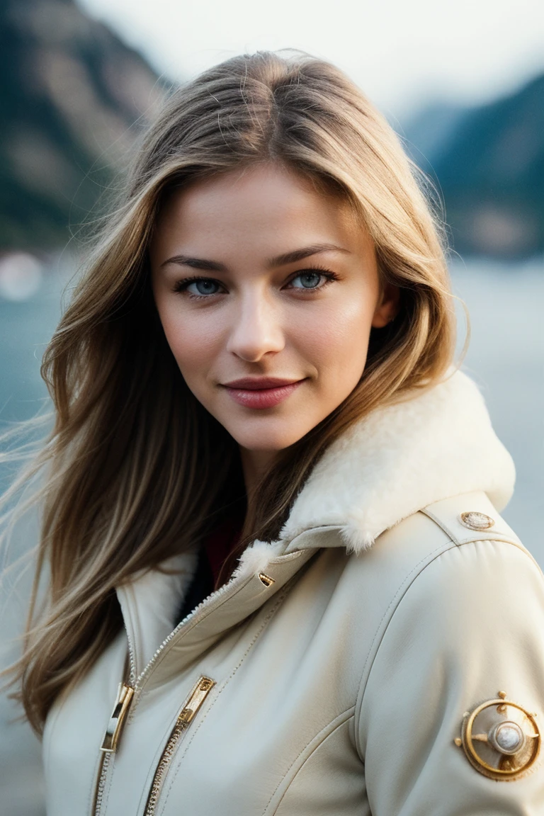 photo of (tabbethell-140:0.99), a beautiful woman, perfect blonde hair, (smiling), (modern photo, Golden Yellow Faux shearling aviator jacket in a cream color with a cozy and vintage-inspired feel), 24mm, (analog, cinematic, film grain:1.3), (ocean:1.2), detailed eyes, (seductive pose), (epicPhoto), (looking at viewer), jewelry, (cinematic shot:1.3), PA7_Portrait-MCU