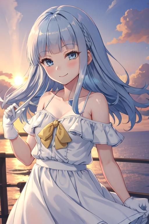 best quality, masterpiece, highres, solo, {hatsukaze_kantaicollection:1.15}, long_hair, blue_hair, blue_eyes, bangs, blunt_bangs, vest, blush, 1girl, closed_mouth, grey_eyes, looking_at_viewer, smile, cloud, dress, floating_hair, sky, sunset, bow, white_dress, bare_shoulders, blurry, collarbone, off_shoulder, outdoors, sundress, upper_body