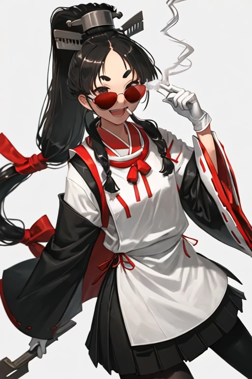 best quality, masterpiece, highres, solo, {black business suit:1.40}, {tie:1.20}, {sunglasses:1.25}, {white gloves:1.15}, {white shirt:1.10}, {black skirt:1.15}, {smoking:1.20}, handsome, {nisshin_kantaicollection:1.15}, black_hair, long_hair, brown_eyes, short_eyebrows, high_ponytail, thick_eyebrows, very_long_hair, multi-tied_hair, ribbon, red_ribbon, hair_tie, headgear, open_mouth, miko, smile, hair_ornament