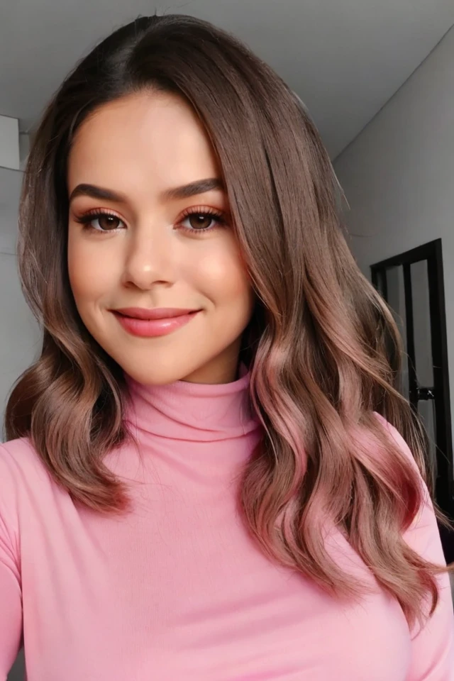 Portrait photo of m41s4 woman, pink turtleneck blouse, in a bedroom, smiling