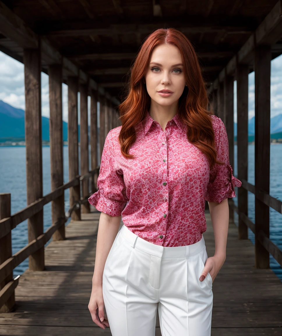 cinematic photo ,woman focus,  solo, <lora:quiron_MaitlandWard_v1_Lora:0.77> , MaitlandWardQuiron, realistic ,   redhead,  skin details, Dappled Light, extremely Detailed glass orb with a 1girl  inside, high resolution face, Anti-Aliasing, FXAA, De-Noise, Post-Production, SFX, insanely detailed & intricate, hypermaximalist, elegant, ornate, hyper realistic, super detailed, noir coloration, serene, 16k resolution, full body,  . 35mm photograph, film, bokeh, professional, 4k, highly detailed, , realistic, depth of field, RAW photo,  a  woman Dressed in the (style of Nautical Gucci silk blouse with Chinos: Casual pants made from cotton or a cotton-blend fabric.) with Volcanic Mountains in the background ,  Balancing on one foot,