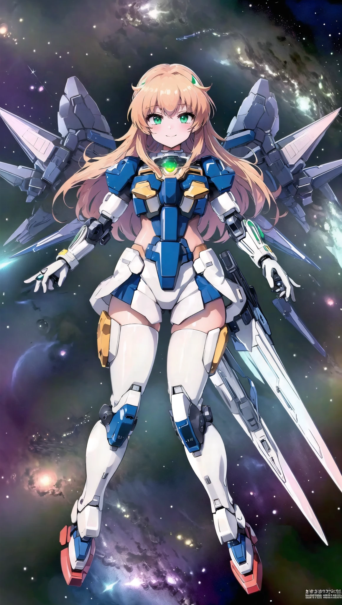 (masterpiece,  best quality,  ultra-detailed,  8K,  ),  high detail,  seductive_pose,  1girls,  fly,  floating on space,  floating_hair,  smiling eyes,  symmetry, mechanical,  golden mecha_musume,  sexy,  , bg_imgs, 
00_gundam,  gundam,  solo,  looking at viewer,  green eyes,  weapon,  no humans,  glowing,  robot,  mecha,  glowing eyes,  science fiction,  space,  v-fin,  mobile suit,<lora:EMS-69692-EMS:1.200000>,<lora:EMS-99687-EMS:0.700000>