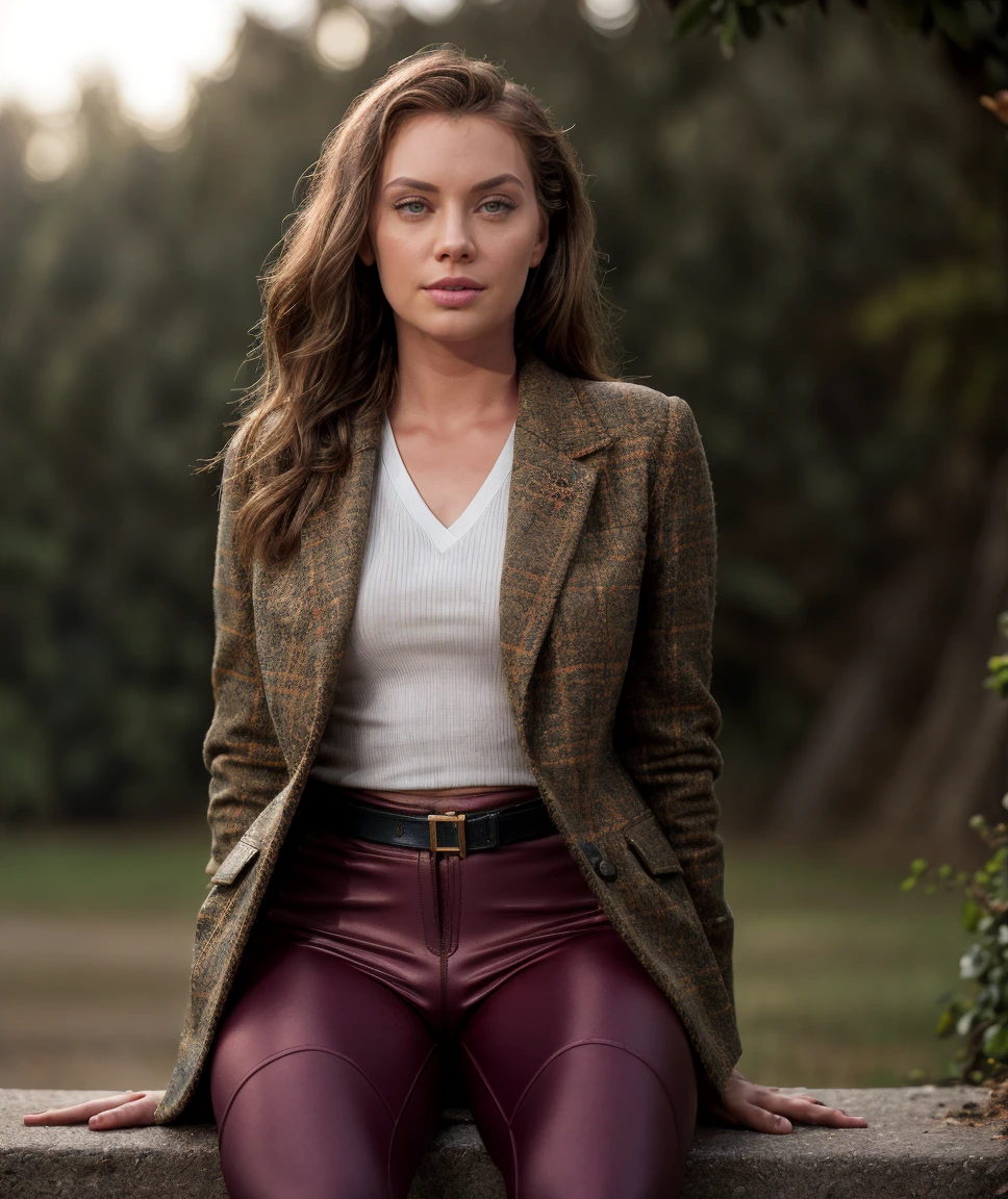 cinematic film still , realistic , photorealistic, award winning photo, <lora:quiron_ElenaKoshka_v1_Lora:0.87> ElenaKoshkaQuiron,, , realistic, depth of field, RAW photo, a woman Dressed in the (style of Noir Ralph Lauren tweed blazer with Cargo leggings: Leggings with cargo-style pockets and details.) with Fiery Chasm in the background , Sitting with hands on ankles, . shallow depth of field, vignette, highly detailed, high budget Hollywood movie, bokeh, cinemascope, moody, epic, gorgeous, film grain, grainy