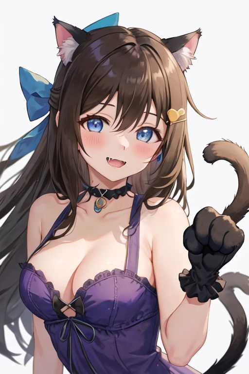 best quality, masterpiece, highres, solo, {ousaka_shizuku_loveliveschoolidolfestivalallstars:1.15}, brown_hair, blue_eyes, long_hair, bangs, bow, sidelocks, hair_bow, hair_between_eyes, blush, smile, half_updo, 1girl, animal_ears, animal_hands, cat_ears, choker, gloves, hair_ornament, halloween, looking_at_viewer, open_mouth, paw_gloves, bare_shoulders, breasts, dress, cat_tail, fake_animal_ears, fang, fangs, food-themed_hair_ornament, heart, one_eye_closed, purple_dress, simple_background, tail, white_background