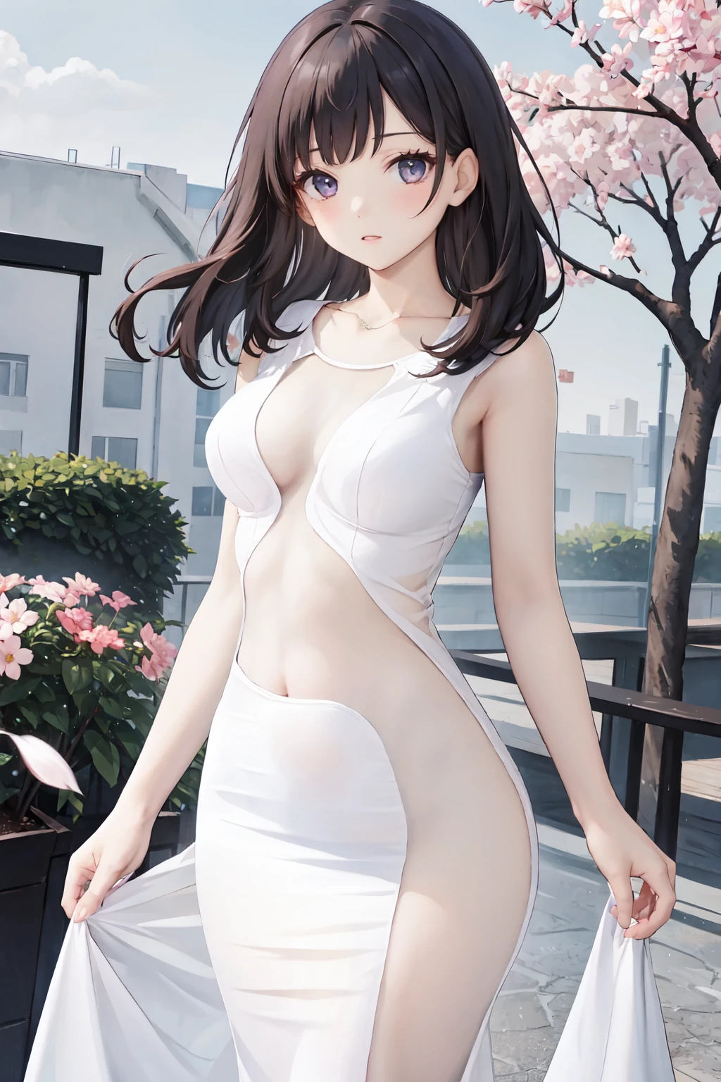 masterpiece,best quality,highres,ultra-detailed,cowboy_shot,solo,1girl,medium_breasts,straight_long_hair,standing,outdoors,garden,cherry blossom,trees,middle_see_through_dress,dress,see-through,navel,center opening,<lora:middle_see_through_dress:1>,