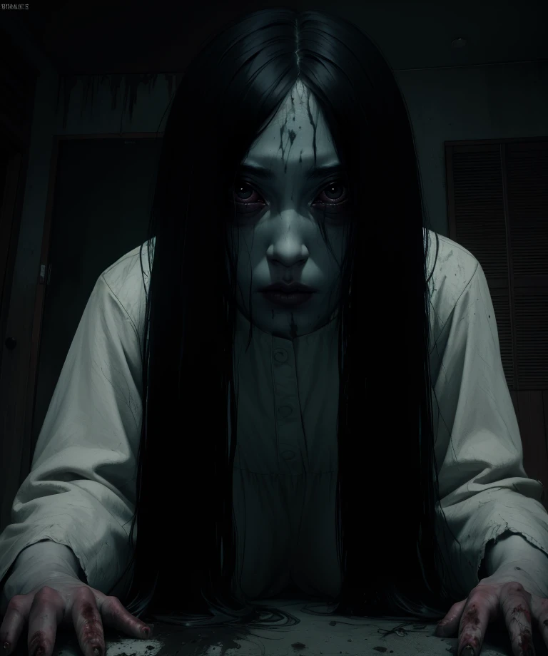 (masutepiece:1.1, Best Quality:1.1, 16K HDR, High resolution), (1girl in, Solo), Ultra-realistic portrait of Sadako Yamamura, the ring, (((Black hair, Long hair, Bangs, long bangs above the eyes,))), Huge boobs, Colossal tits, gigantic cleavage, Huge breasts, Inside an abandoned hut, inside an abandoned barn, farms, Dark atmosphere, Realistic skin texture, Full body shot, Perfect slim body style, White Dress, Breasts and nipples flashing, (on all fours),
