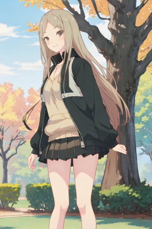 best quality, masterpiece, highres, solo, {kotone_noda_sakuratrick:1.15}, blush, long_hair, brown_hair, smile, brown_eyes, blonde_hair, 1girl, looking_at_viewer, jacket, tree
