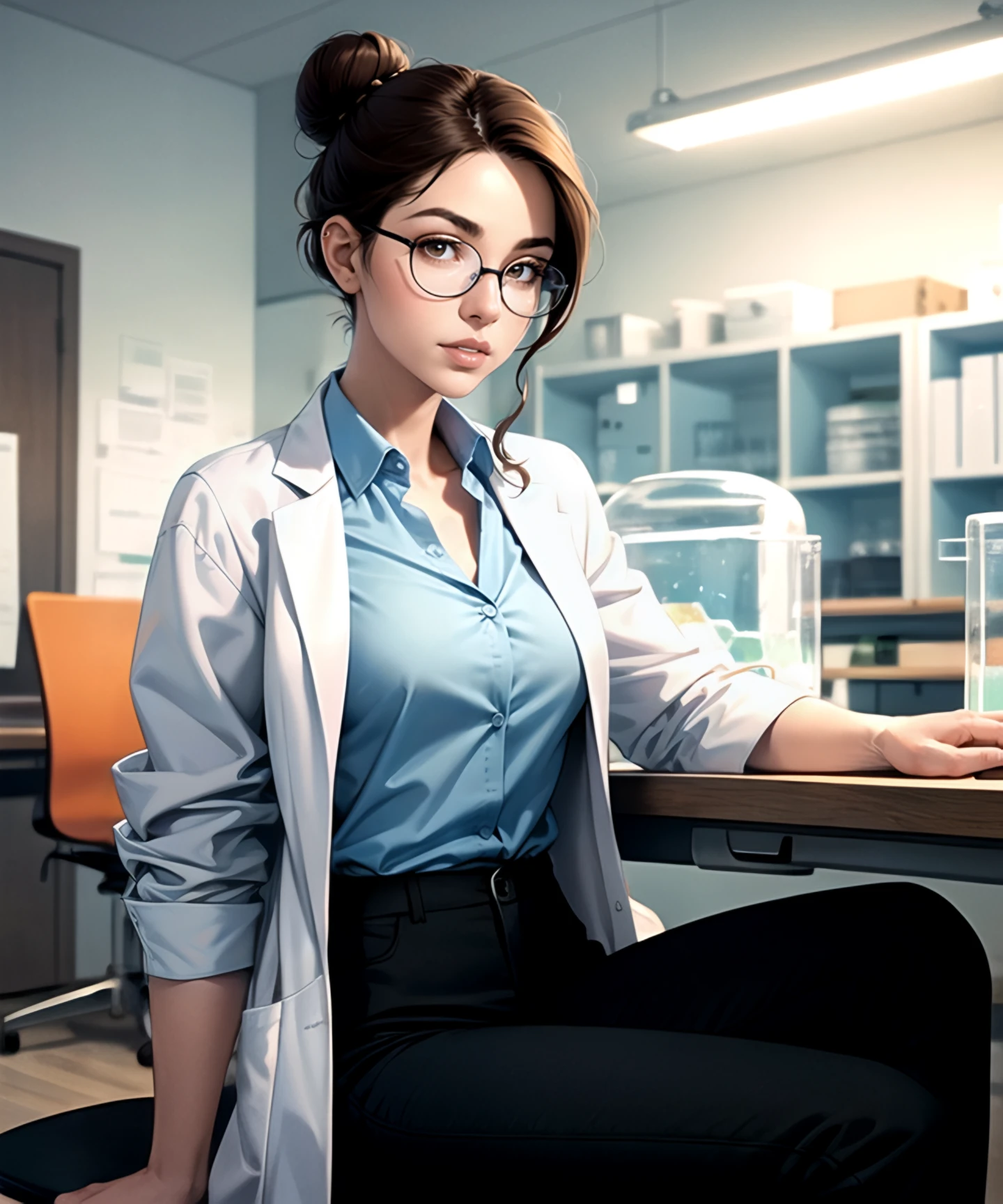 woman, (perfect face), defined jawline, beautiful lips, (beautiful bright brown eyes), (brown hairbun hairstyle), (thin round -frame eyeglasses), (light blue buttoned shirt under white lab coat:1.2), (black pants:1.2), (sitting on office chair), looking at viewer, (medium shot photograph), (laboratory background), realistic