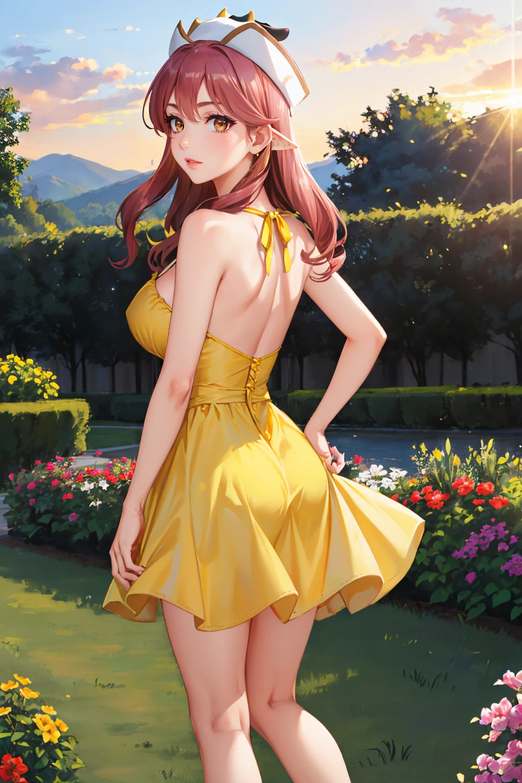 masterpiece, best quality, <lora:mootan-nvwls-v1-000009:0.9> moo-tan, cow girl, earrings, hat, (yellow sundress:1.2), from behind, large breasts, cow tail, garden, sunset, sky <lora:edgChamYellowSundress:1> edgYSD,woman wearing a yellow sundress