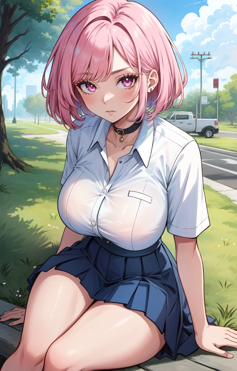 masterpiece, best quality, intricate, absurdres, 1girl, solo, looking at viewer, close-up, pink hair, pink eyes, bob cut, white shirt, collar, buttons, closed shirt, huge breasts, pleated skirt, blue skirt, school uniform, sitting, school uniform, outdoors, school,