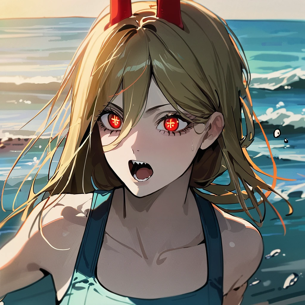 1girl, power \(chainsaw man\), cross-shaped pupils, running by ocean, portrait, masterpiece, latest, vibrant color, best quality, rating: general <lora:power_xl_a3-000012:1>