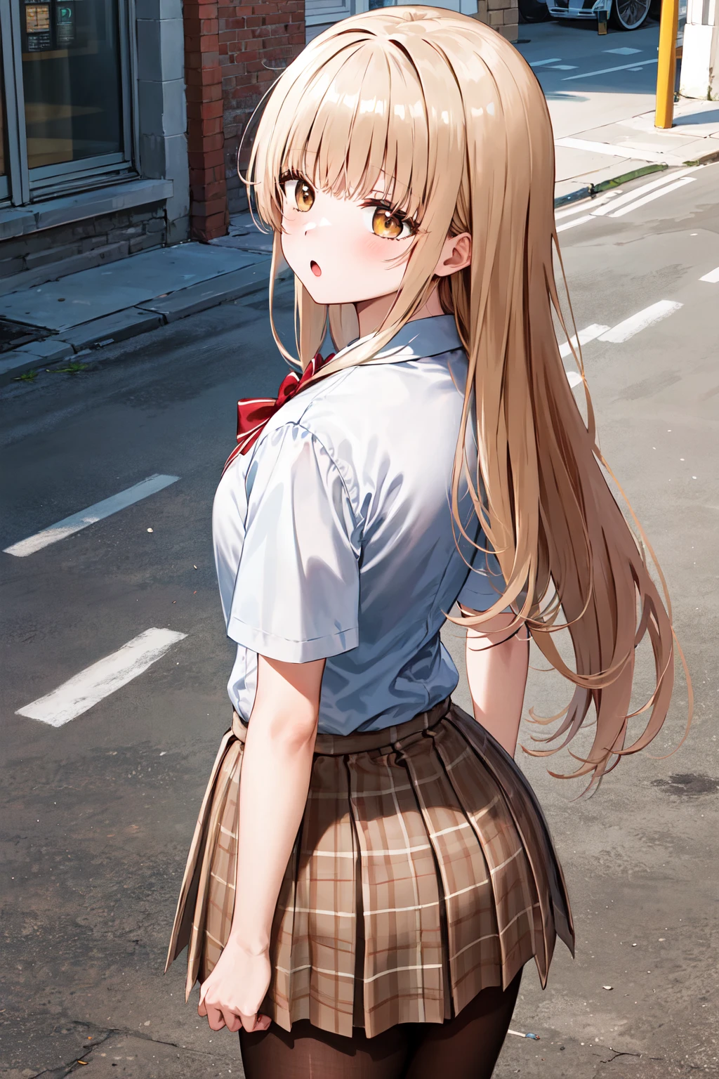 masterpiece, best quality, highres, aamahiru, long hair, red bowtie, white shirt, short sleeves, plaid skirt, brown skirt, pantyhose, <lora:shiina_mahiru_v1:0.7>, :o, looking back, from behind, street