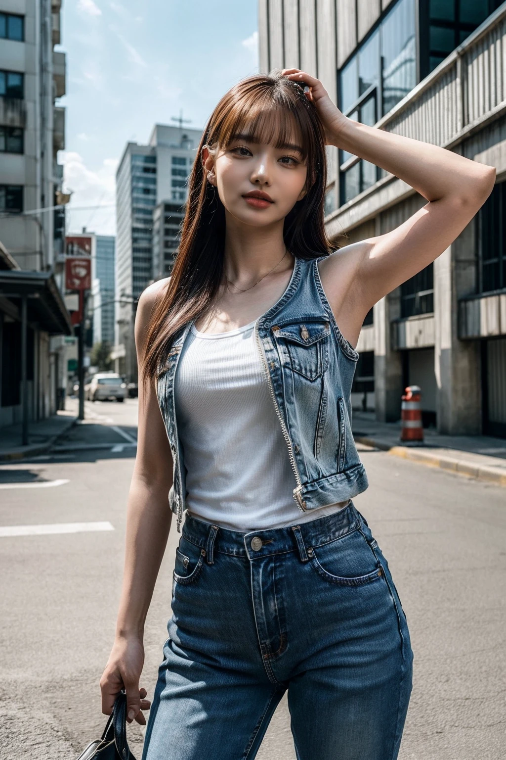 (realistic), (hyperrealism),best quality, masterpiece,ultra high res, (photorealistic:1.4),1girl, tanktop, jacket, jeans, outdoor, dynamic pose,
cowboy shot,<lora:makina69_day_v1.0:1> ,<lora:add_detail:0.6>