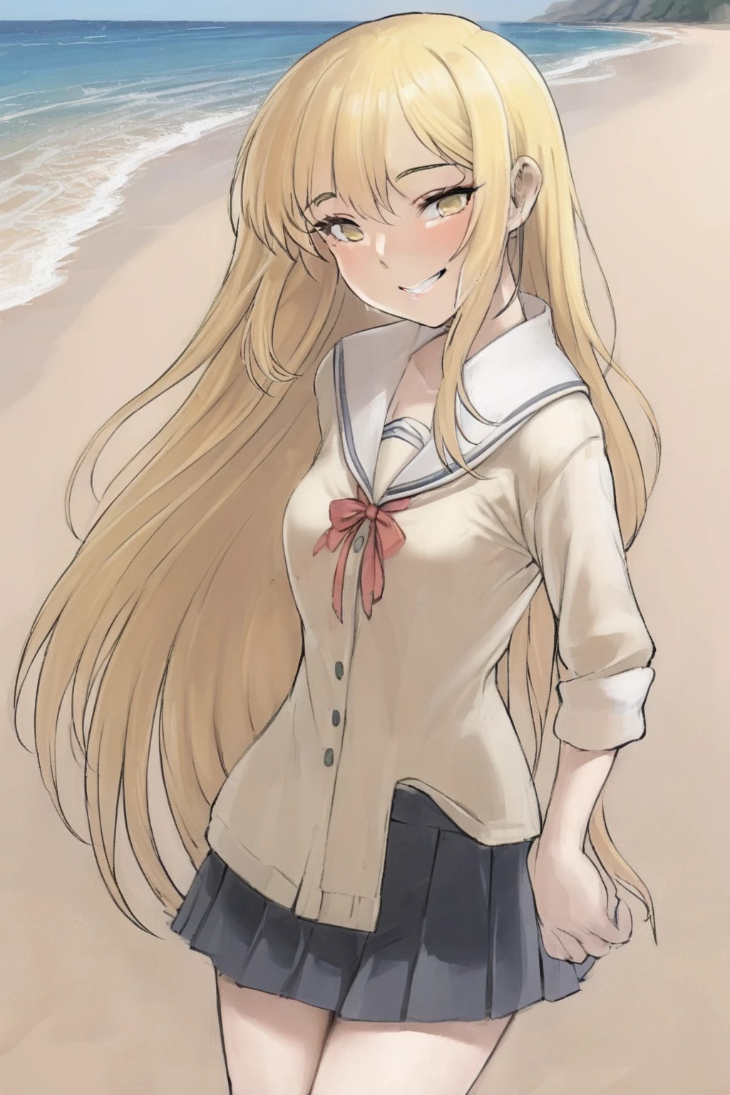 beach,masterpiece,best quality,1girl,blonde hair,long hair,school uniform,smile <lora:SDXLwotoristyle:1>