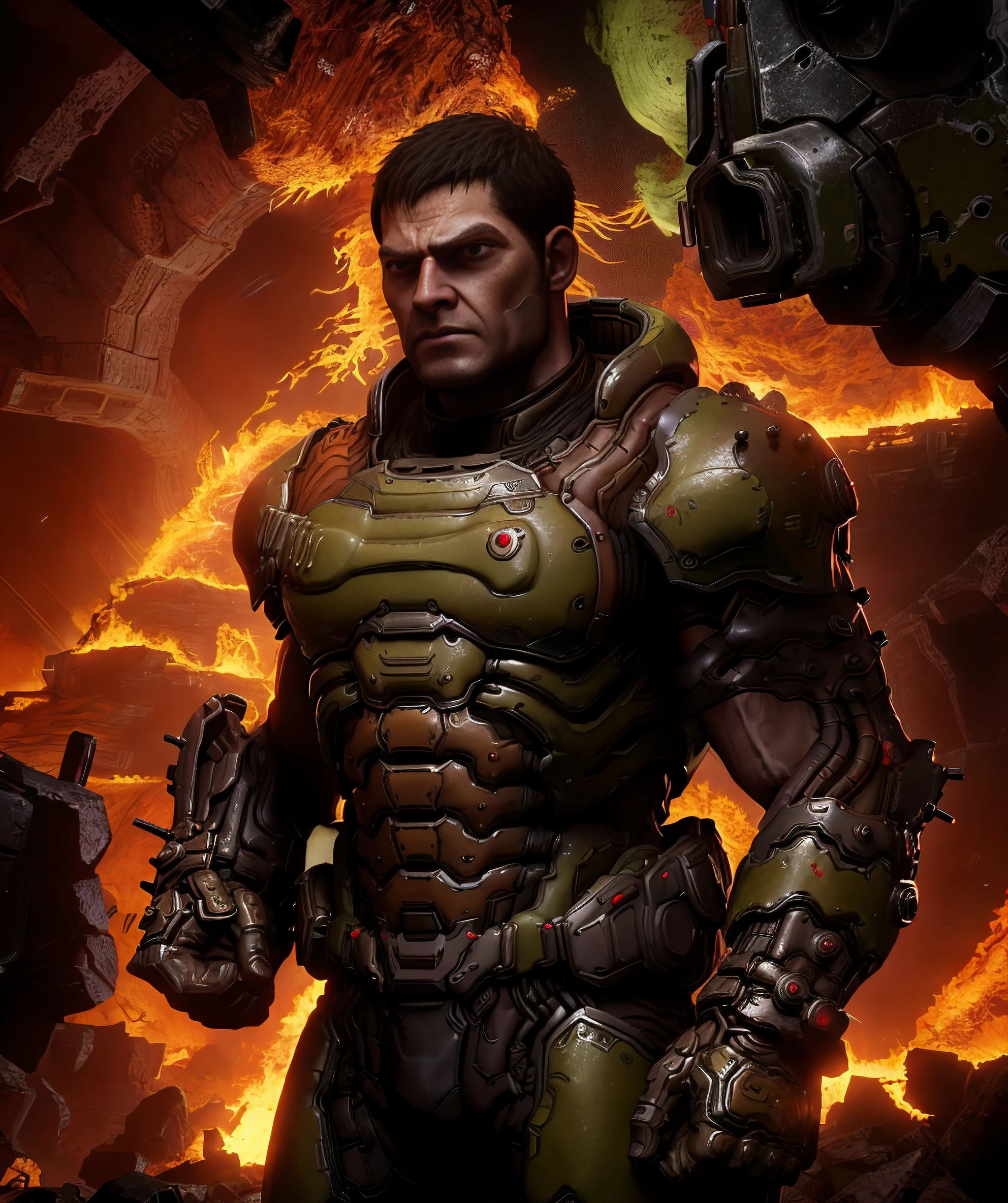 helmetless_doomguy, short hair, male focus, 1boy, (standing, looking at viewer, muscular, launcher), (hellscape, fire, firescape, hell) <lora:Helmetless_Doomguy-15(1):0.85>