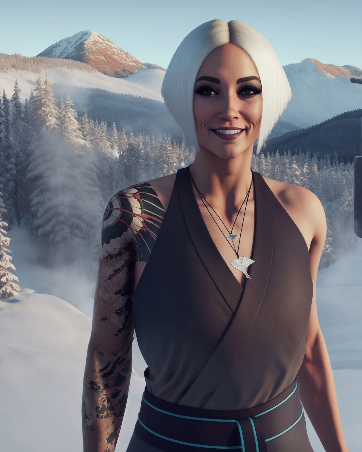 (insanely detailed, best quality, masterpiece:1.2), <lora:yuk1HM-10:0.8> yuk1hm, short white hair, beauty mark, makeup, tattoo, necklace, kimono, looking at viewer, smile, standing, upper body, hokkaido wilderness, winter, mountains