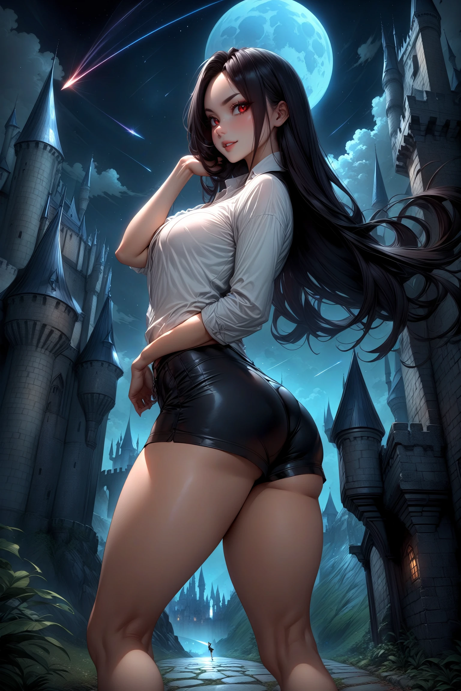 Highly detailed, High Quality, Masterpiece, beautiful, 1girl, solo, black hair, long hair, red eyes, shirt, white shirt, shorts, short shorts, black shorts, cloud, moon, Hogwarts, (castle hill:1.4), night sky, stand on street, shooting star, (strong pose:1.4), looking at viewer, seductive smile, from side,