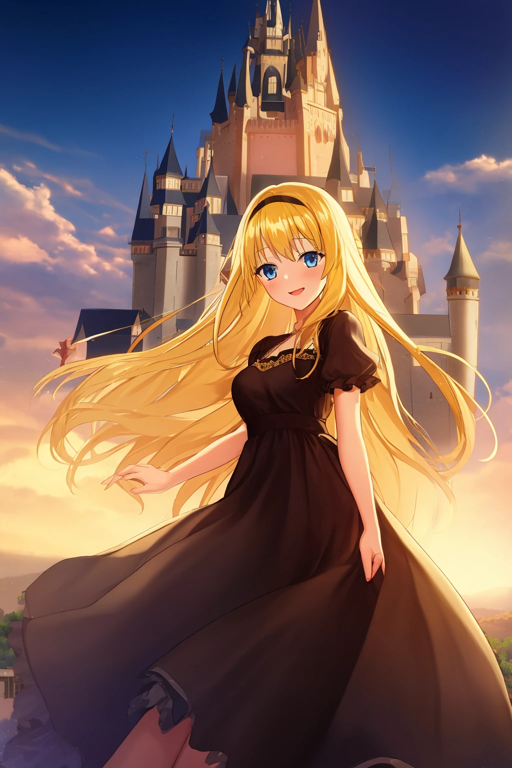 masterpiece, 1girl, black dress, blonde hair, blue eyes, castle