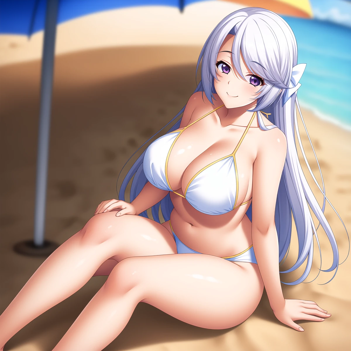 <lora:Watase_Nagisa_lora:0.55>, long_hair, silver_hair, hair_ribbon, large_breasts,
best quality, (8k), (4k),(Masterpiece), (Best Quality), extremely detailed, intricate, hyper detailed, illustration,
Beautiful long legs,Beautiful body,Beautiful Nose,Beautiful character design, perfect eyes, perfect face,
(1girl), bishoujo, (full_body:1.3), beach, day,
beach umbrella, umbrella, bikini, cleavage, cutoffs,
(sitting), smile, closed mouth, looking at viewer, arm support, bare arms, bare legs, bare shoulders, breasts, knees up, navel, stomach, thighs,