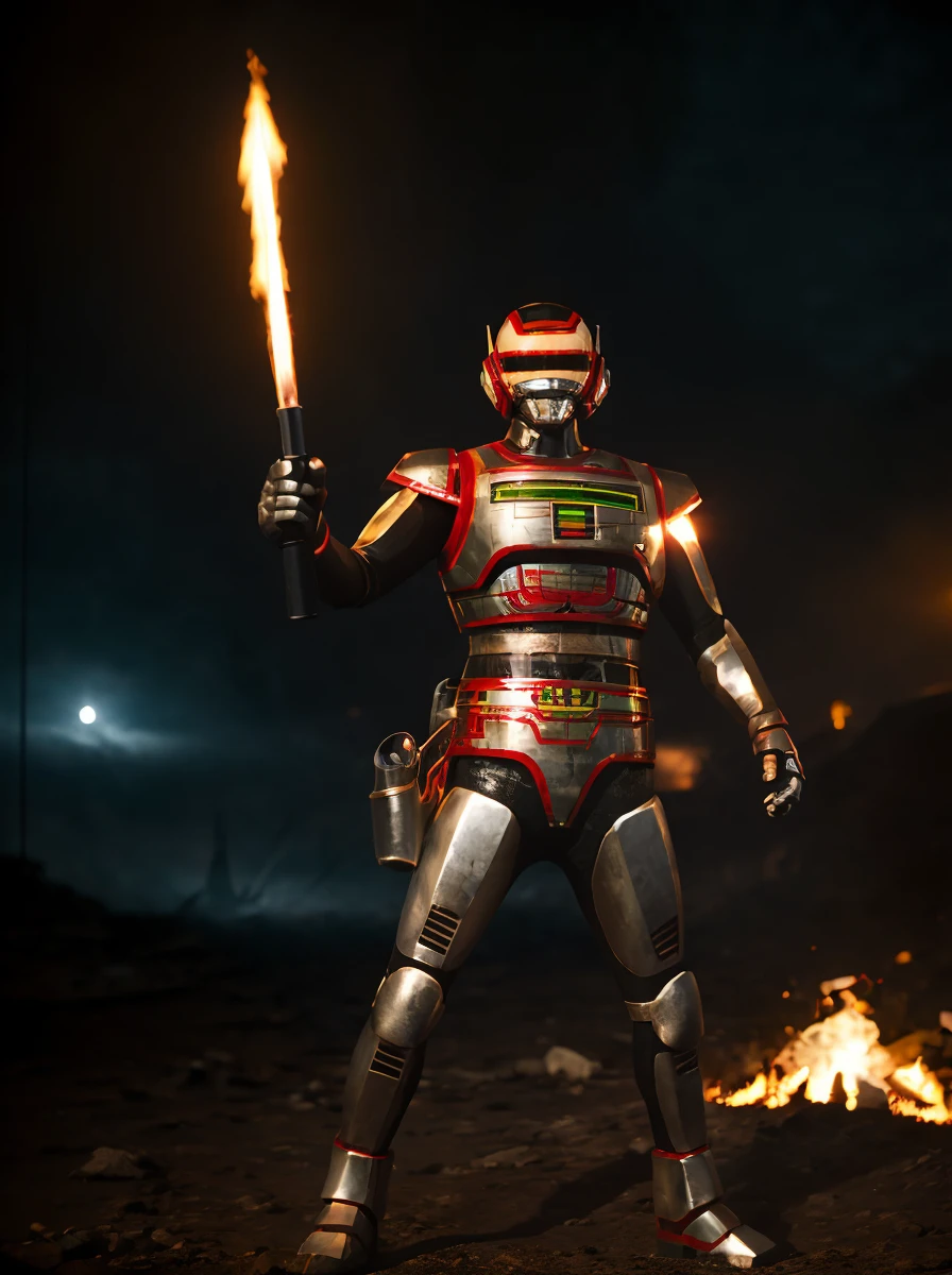 cinematic photo <lora:quiron_Jaspion_v3_Lora:0.87> JaspionQuiron character  at wasteland outpost, makeshift shelters, scavenged supplies, wary survivors,  action hero pose, dark scene, fire and explosion, fog, lightning, Doomsday, shiny armor,   . 35mm photograph, film, bokeh, professional, 4k, highly detailed