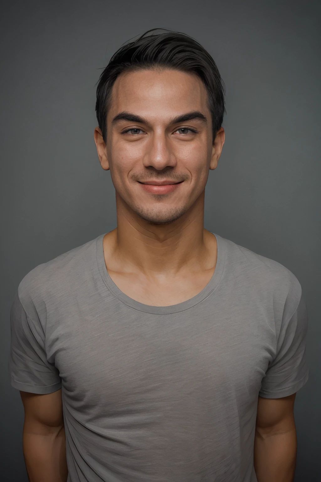 cinematic film still solo, gstyle, realistic, ((man)), 1boy, (((short hair, stubble, short goatee))), (((smile512))), (((wearing gray tshirt:1.5))), ((Simple Light Orange background)), ((dynamic pose)), high detailed, 8k, clear facial features, <lora:PAseer-SD15-LCM Quick:1> <lora:ReaLora:.2> skin  <lora:[ID]_-_Joe_Taslim:1> joetaslim, <lora:GStyle_-_Photography_Style:.4> . shallow depth of field, vignette, highly detailed, high budget, bokeh, cinemascope, moody, epic, gorgeous, film grain, grainy