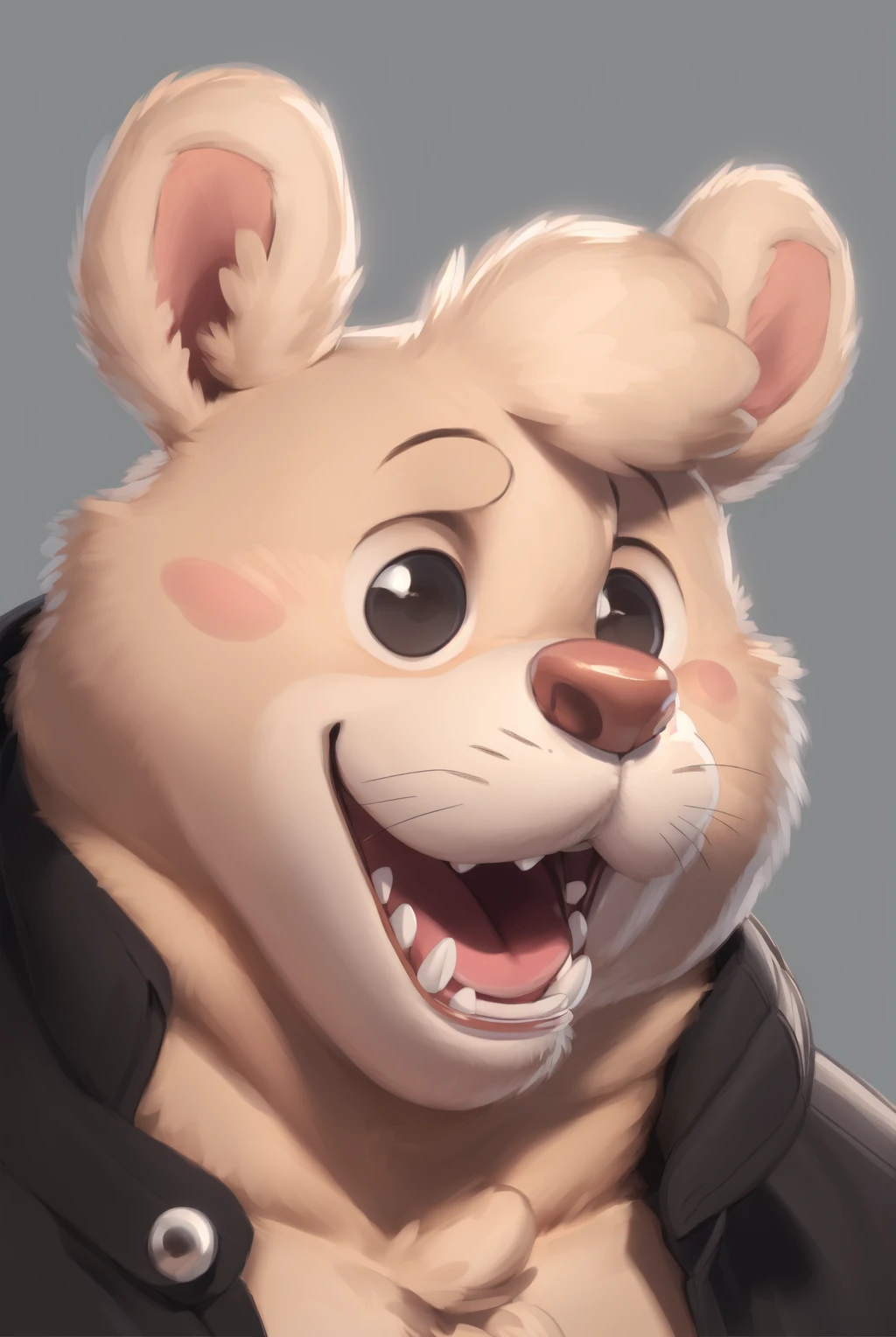 <lora:pile-08:1>, pilebitc, male, solo, chubby male, belly, (pose:1.3), (posing:1.3), (soft shading), 4k, hi res, ((detailed face, black eyes, detailed)), by zackarry911, by zaush, (by personalami:0.5), solo, looking at viewer, smile, open mouth, simple background, 1boy, jacket, upper body, male focus, open clothes, teeth, grey background, open jacket, black jacket, fangs, notice lines, flat color, buck teeth, portrait, face focus, close up,