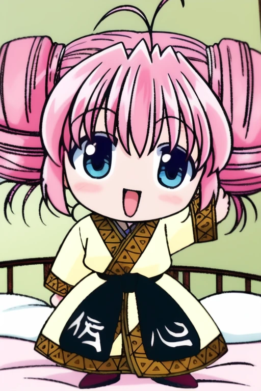 <lora:Rishu:1>, Rishu, 1girl, solo, blue eyes, pink hair, chibi, ahoge, hair bun, double bun, drill hair, twintails, full body, open mouth, smile, arm up, long sleeves, looking at viewer, in the room, bed,
masterpiece, high quality, very_high_resolution, large_filesize, full color,