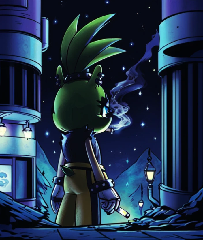 surge the tenrec, female, alley, night, detailed background, detailed face, blue eyes, pensive, leather jacket, gloves, yellow pants, looking away, smoking cigarette, RAW Photo, realistic <lora:Surge022BB95:1>