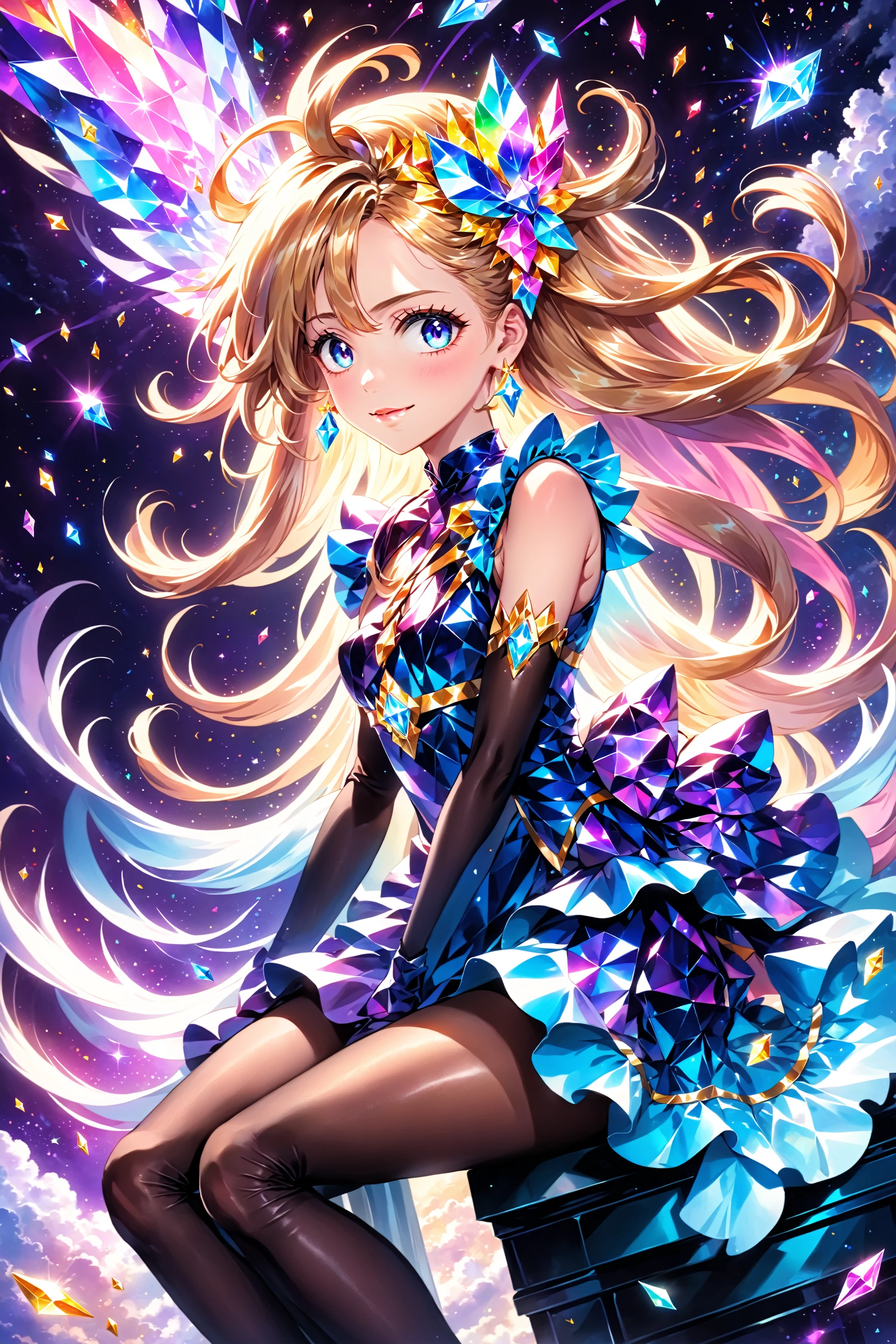 faux traditional media,  mature female,  beautiful,  anime visual,  watercolor (/medium),  ultra-detailed full body shot,  cinematic,  diamond,  jewelry,  ribbon,  beautiful,  nail polish,  sitting on a magnificent throne,  magic,  tactile,  smooth,  smile,  shiny,  jewelry,  holding wand,  magical girl,  gradient hair,  very long hair,  half updo,  light smile,  hair ornament,  dark theme,  gloves,  wavy hair,  lipstick,  (mature female),  cloud dress,  cloud,  long sidelocks,  glowing,  standing,  bloom,  iridescent,  solo,  (stylish),  game character concept,  jrpg,  800mm lens,  sharp focus,  bow,  depth of field,  volumetric lighting,  ((stylish,  vintage)),  (pinup:0.5),  multicolored theme,  studio lighting,  (asymmetrical legwear),  shadow, sugar_rune, more detail XL, Anime , ColorART,<lora:EMS-77550-EMS:0.300000>,<lora:EMS-33290-EMS:0.200000>,<lora:EMS-85813-EMS:0.400000>,<lora:EMS-61413-EMS:0.300000>