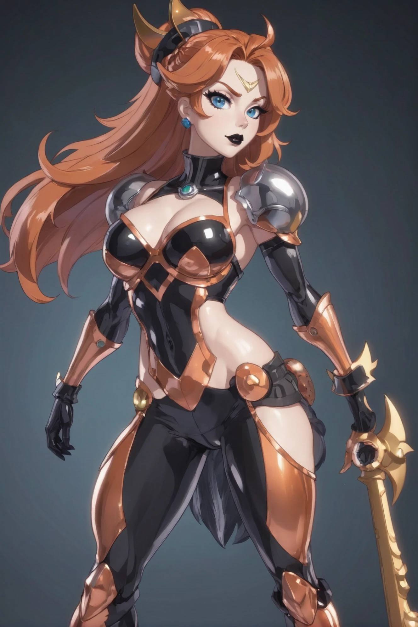 cel shading, 1girl, woman, villainess, (black lipstick:1), bombshell hair, copper hair, bombshell hair, toned body, athletic build, narrow waist, wide hips, medium breasts, caucasian