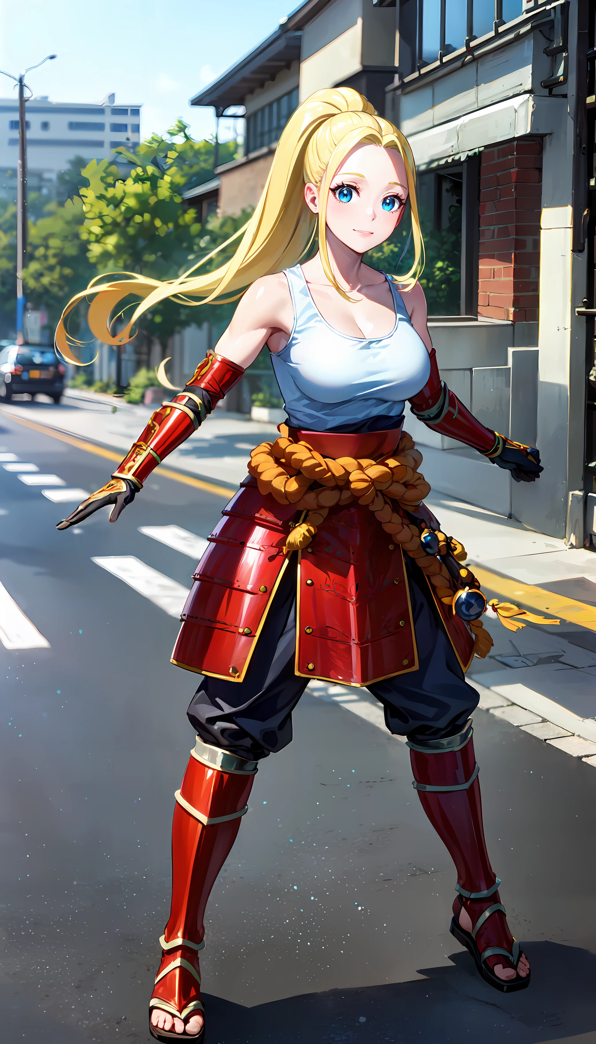 photorealistic, (4k), depth of field, (Masterpiece), (realistic skin texture), extremely detailed, intricate, hyper detailed, professional photography, bokeh, high resolution, sharp detail, best quality, girl, long hair, blonde hair, ponytail, blue eyes, white tank top, (samurai armor), gloves, knees to chest , dynamic pose, open highway, empty roads, happy, standing in the middle of the road, daylight, japanese architecture,
