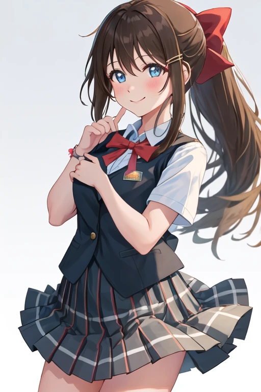 best quality, masterpiece, highres, solo, {ousaka_shizuku_loveliveschoolidolfestivalallstars:1.15}, brown_hair, blue_eyes, long_hair, bangs, bow, sidelocks, hair_bow, hair_between_eyes, blush, smile, half_updo, 1girl, collared_shirt, neck_ribbon, nijigasaki_academy_school_uniform, red_bow, ribbon, school_uniform, shirt, short_sleeves, summer_uniform, vest, white_shirt, looking_at_viewer, yellow_ribbon, plaid, plaid_skirt, pleated_skirt, simple_background, skirt, white_background, ponytail, black_vest, blue_vest