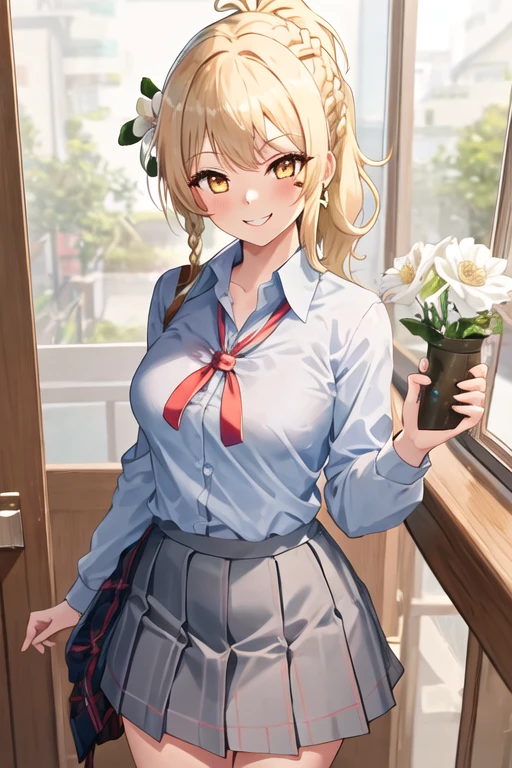 a beautiful young woman dressed in a dress and skirt standing in the rain, 1girl, solo, wet clothes, hosimiya ichigo, wet, plaid, outdoors, wet shirt, see-through, shirt, star earrings, skirt, blonde hair, rain, bra visible through clothes, smile, underwear, looking at viewer, earrings, tree, plaid skirt, long hair, red eyes, bra, blush, jewelry, short sleeves, white shirt, collared shirt, bangs, star (symbol), flower, RED_Ribbon_on_HAIR_band