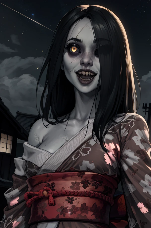 Hisako, grey skin,long hair, hair over one eye, black sclera, white pupils, looking at viewer, one nipple visible, large grey areolas, , smile,
HIattire,red kimono with floral print, off shoulder, torn clothes, cleavage
on all fours, head low, ass up, butt crack,
japanese ghost village, night sky, horror \(theme\),
<lora:Crazy_ExpressionsV2:0.7> <lora:Hisako-10v2:0.7> realistic,