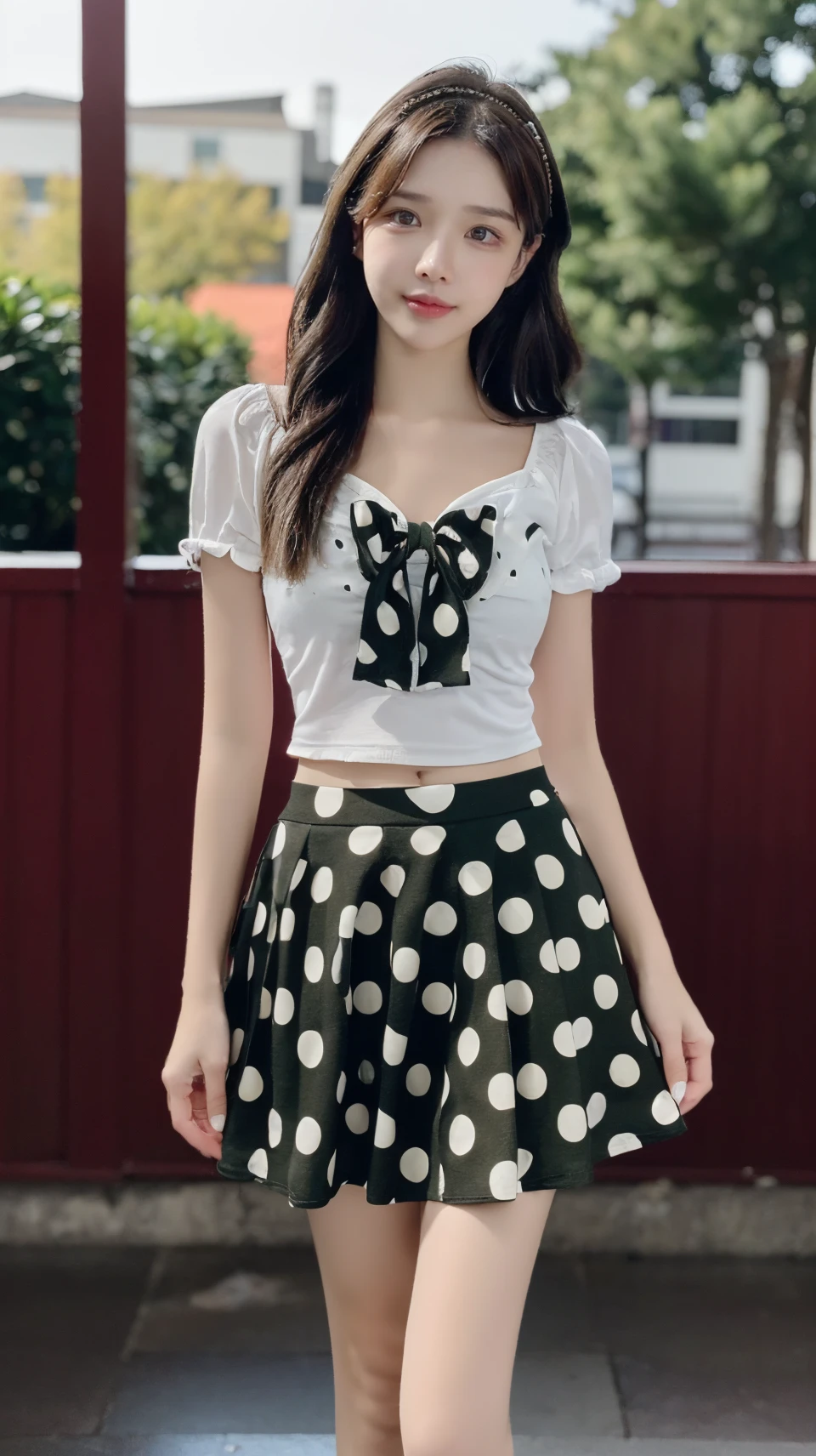 best quality,8K,solo,(1girl:1.3),(standing:1.3),(front:1.4),(looking at viewer:1.4),(outdoors:1.3),(school:1.4),<lora:rc70:0.75>,rc,bow,(polka dot skirt:1.2),(khaki skirt:1.4),,
