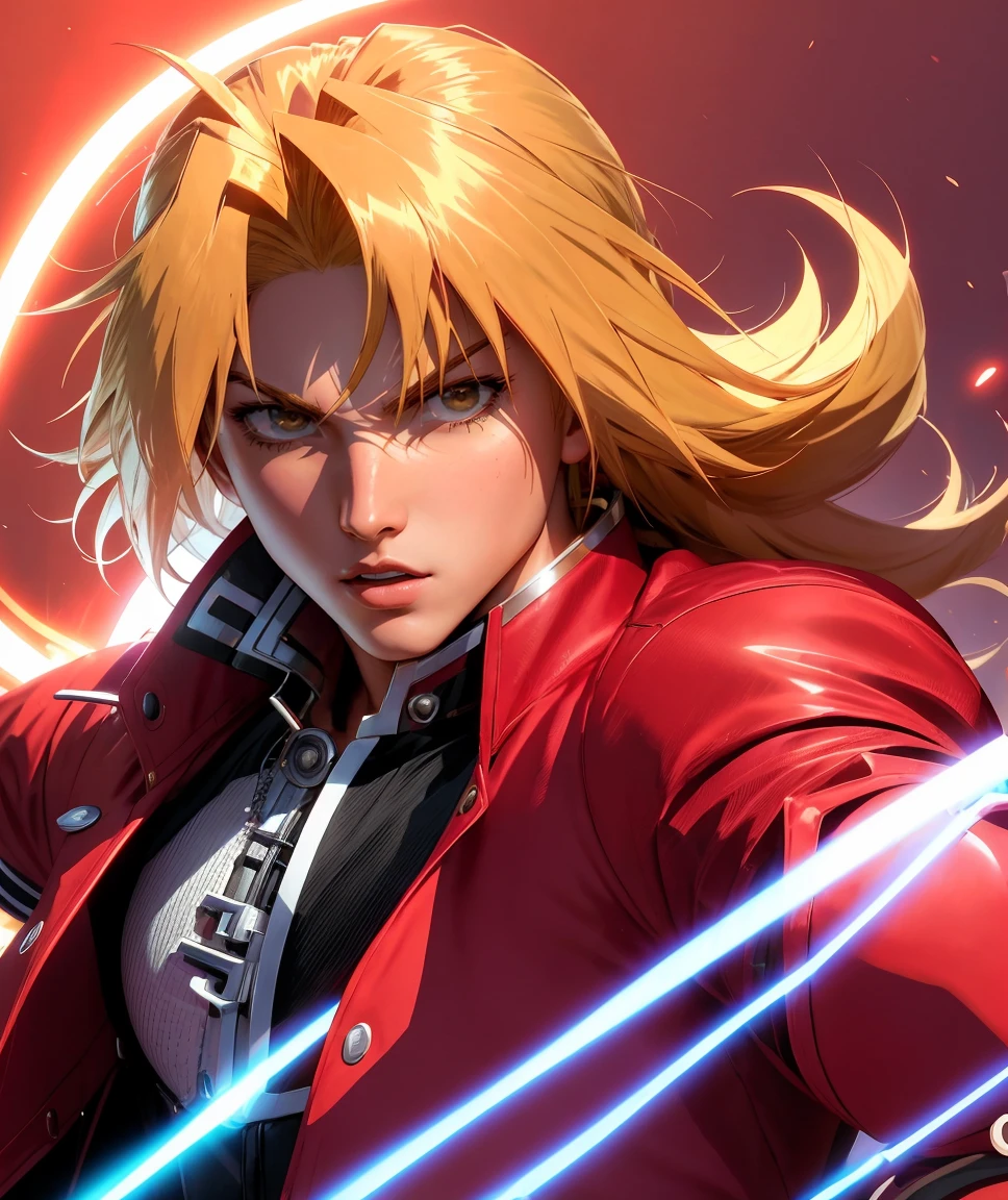 western comics art , <lora:quiron_EdwardElric_v2_Lora:0.87> EdwardElricQuiron 1boy character, a single mechanical arm, white gloves, red jacket, long hair, male focus, single braid, solo . bold lines, dynamic poses, vibrant colors, dramatic lighting, highly detailed