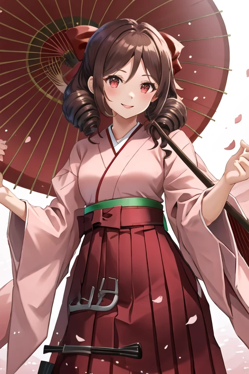 best quality, masterpiece, highres, solo, {harukaze_kantaicollection:1.15}, brown_hair, drill_hair, twin_drills, red_eyes, bow, hair_bow, red_bow, long_hair, smile, breasts