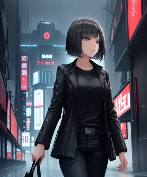 (adult woman), (1girl, solo), walking, ((black jacket)), serious, (black hair, bobcut), (blue eyes), ((future city, neotokyo, scifi city, cyberpunk)), (night, rain), ((best quality, high detail)), ((masterpiece)),  <lora:1_tenmaso_15e:1>