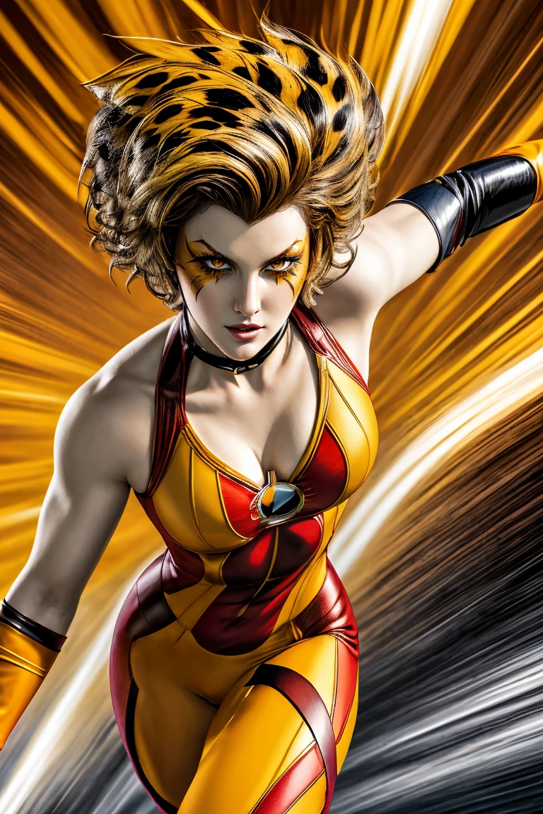 comic , (best quality:1.27), (masterpiece:1.27), (detailed:1.17), perfect orange tiger eyes, dynamic, <lora:quiron_Cheetara_v3_lora:1.17> , CheetaraQuiron character runnig fast, movement effect superspeed, speed lines, light trails with motion blur effect, dynamic movement, horror scene, explosions, fog, lightning, Doomsday, leotard, upper body, abs, (muscle legs), . graphic illustration, comic art, graphic novel art, vibrant, highly detailed